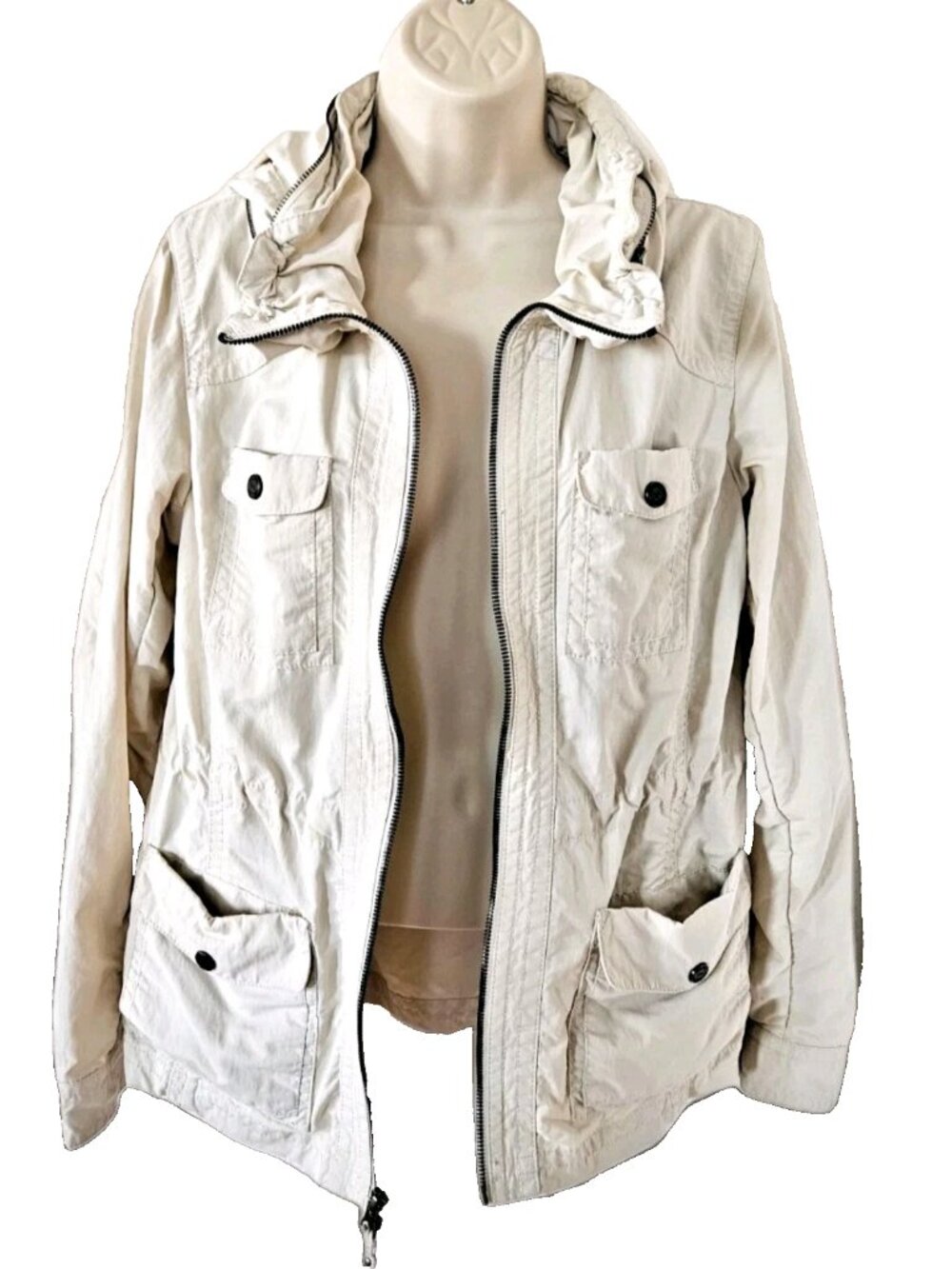 Eddie Bauer Travex Hooded Utility Travel Jacket Size S Womens Full Zip Beige EUC